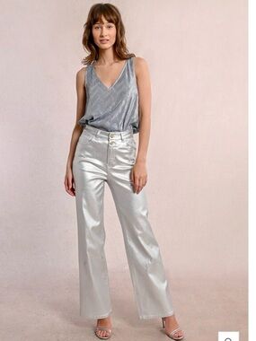 Molly Bracken Metallic Silver High-Rise Wide-Leg Pants